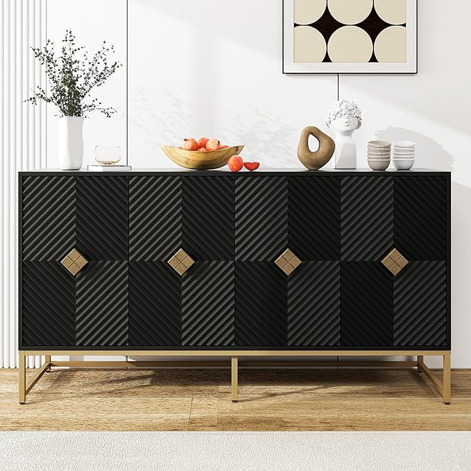 Sideboard Buffet Cabinet with Storage - Accent Storage Cabinet with Doors, Wood 4 Doors Cabinet with Metal Legs, 60" Buffets & Sideboards, Modern Credenza for Living Room (Black)