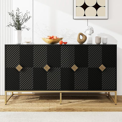 Sideboard Buffet Cabinet with Storage - Accent Storage Cabinet with Doors, Wood 4 Doors Cabinet with Metal Legs, 60" Buffets & Sideboards, Modern Credenza for Living Room (Black)