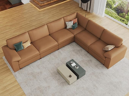 EASE MOOSE Leather Sectional Couch, Oversized Modular Sectional Sofas, Wide Deep Seat Modular Couch, Scratch Resistant Faux Leather Material, L Shaped Sofa for Big Spaces, Brown