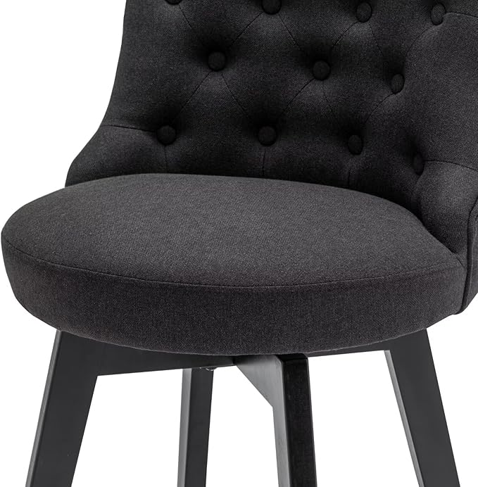 MINCETA Set of 2 Upholstered Bar Stools - 26 Inch Swivel Counter Height Stools with Low Tufted Back, Footrest & Performance Fabric - Round Seat for Kitchen Island & Home Bar Black