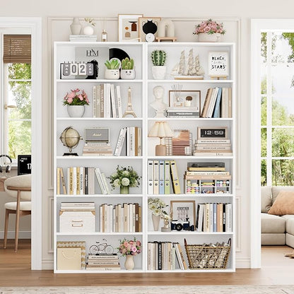 FOTOSOK 70.8" Tall Bookcase Shelf, 6 Tier Wide Bookshelf with Storage, Billy Bookcase Set of 2, Large Bookshelf for Living Room, Home Office, White