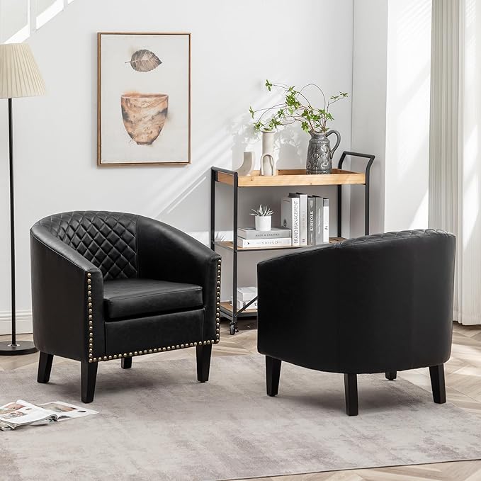KINWELL 29" W Faux Leather Barrel Chairs Set of 2, Modern PU Upholstered Tufted Club Chairs with Nailhead Trim, Small Armchairs Accent Chairs for Living Room Bedroom Apartment Lounge Nursery, Black