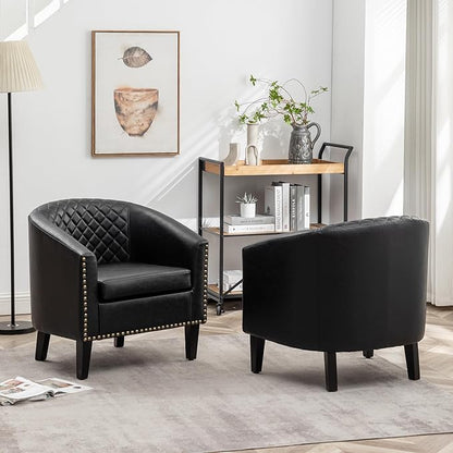 KINWELL 29" W Faux Leather Barrel Chairs Set of 2, Modern PU Upholstered Tufted Club Chairs with Nailhead Trim, Small Armchairs Accent Chairs for Living Room Bedroom Apartment Lounge Nursery, Black