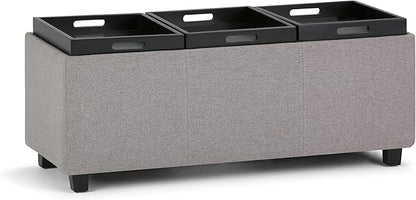 SIMPLIHOME Avalon 42 inch Wide Contemporary Rectangle Storage Ottoman in Cloud Grey Linen Look Fabric, Assembled, for the Living Room, Entryway and Family Room