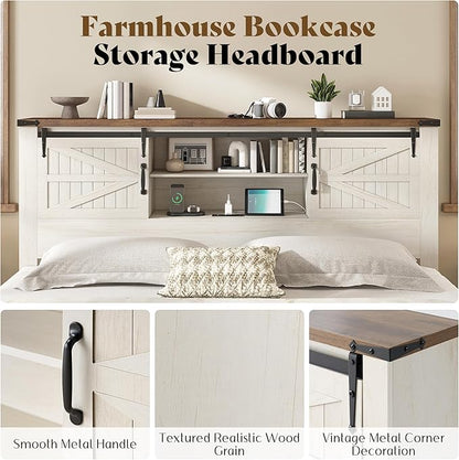 AMERLIFE Farmhouse King Bed Frame, Rustic Wood Platform Bed w/Barn Door Storage Bookcase Headboard & Charging Station, Bedroom Furniture, No Box Spring Needed, Antique White