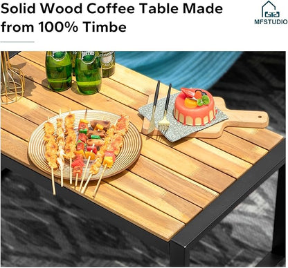 MFSTUDIO 4 Pieces Outdoor Patio Furniture Set, Small Outdoor Rattan Couch with Wood Table, Loveseat & Chairs, Loveseat Patio Sectional Furniture Set, Blue