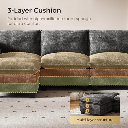 KKL Modular Sectional Sofa, V-Shaped 3 Seater Cloud Couch with Ottoman, Chenille Modern Sectional Couches for Living Room, Apartment Grey