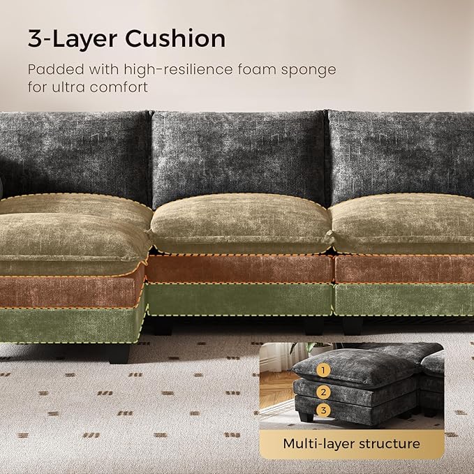 KKL Modular Sectional Sofa, J-Shaped 5 Seater Convertible L-Shaped Cloud Couch with Ottoman, Chenille Modern Sectional Couches for Living Room, Apartment Grey