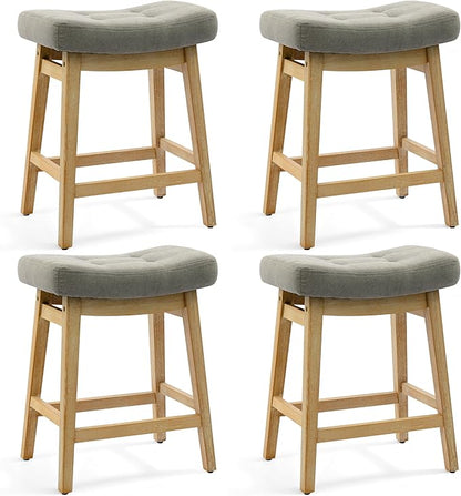 Counter Height Bar Stools Set of 4 for Kitchen Counter Farmhouse Modern Barstools with Upholstered Fabric Backless Seat and Solid Wood Legs 24 inch Bar Chairs, Grey + Wood Color