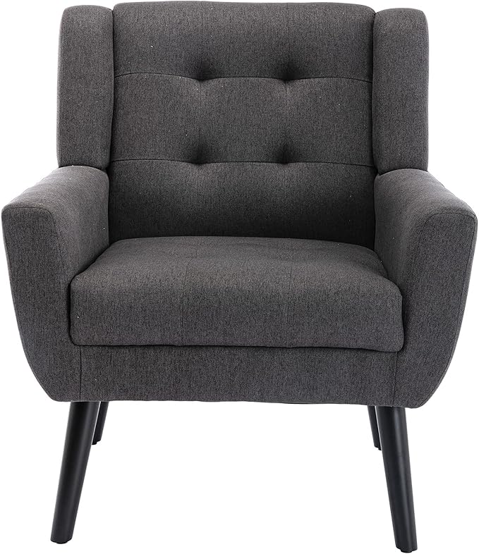 Dolonm Midcentury Modern Accent Chair with Arms, Upholstered Fabric Reading Side Chair Tufted Back Decorative Wingback Chair for Living Room Bedroom (Dark Grey)