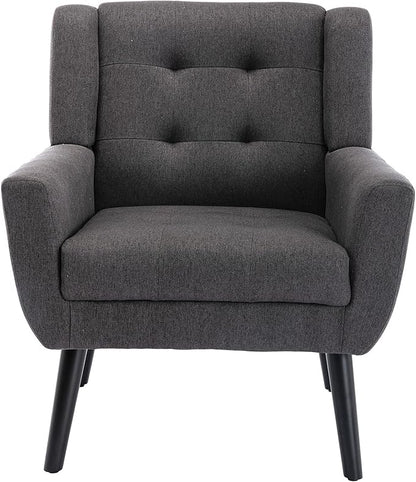 Dolonm Midcentury Modern Accent Chair with Arms, Upholstered Fabric Reading Side Chair Tufted Back Decorative Wingback Chair for Living Room Bedroom (Dark Grey)