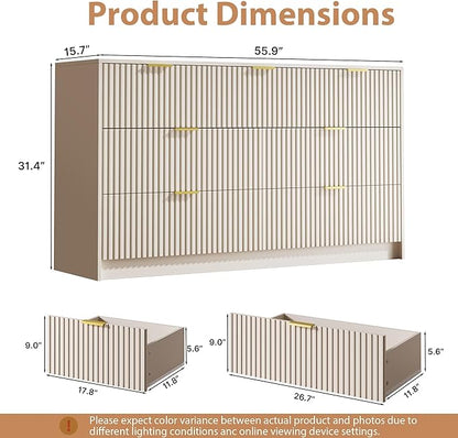 3 Piece Dresser Bedroom Set, 7 Drawer Dresser & 3 Drawer Nightstands with Gold Handles, Fluted Wood Chest of Drawers for Bedroom, Living Room, Entryway, Beige