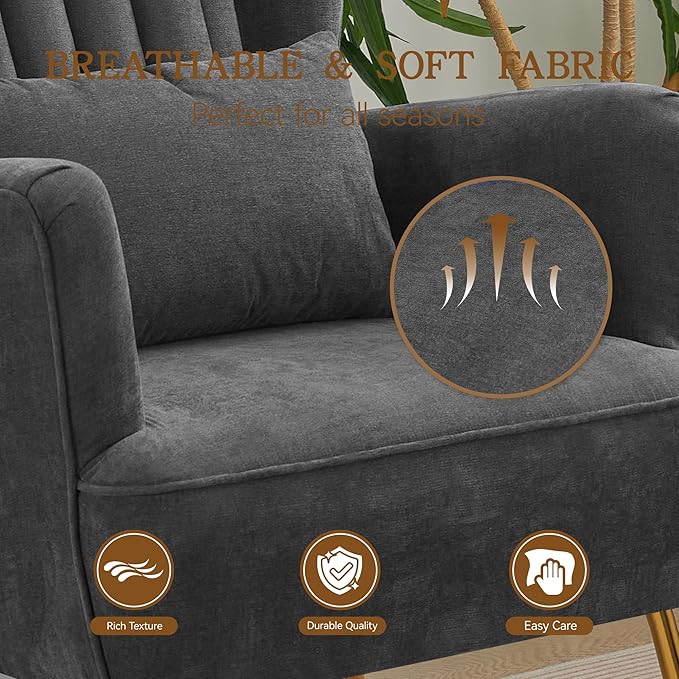Living Room Chairs Chenille Accent Armchair with Lumbar Pillow&Gold Leg, 8.5" Thick Cushion, Mid Century Modern High Wingback Bedroom Chairs Upholstered Comfy Sofa Arm Chair, Grey