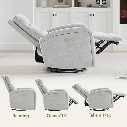 Watson & Whitely Swivel Power Recliner Glider Rocker, Small Recliner with Charging Port for Living Room, Fabric in Dove Grey