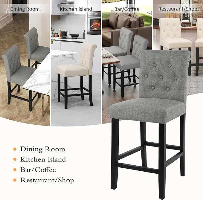 GOTMINSI 24 Inch Bar Stools for Kitchen Island, Set of 2 Fabric Barstools Upholstered Back Counter Bar Stools with Button Tufted Decoration Leisure Style Wooden Bar Chairs(Grey)