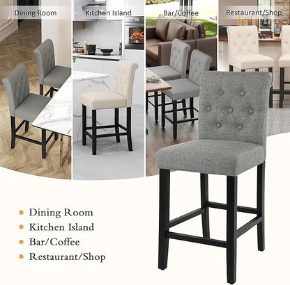 GOTMINSI 24 Inch Bar Stools for Kitchen Island, Set of 2 Fabric Barstools Upholstered Back Counter Bar Stools with Button Tufted Decoration Leisure Style Wooden Bar Chairs(Grey)