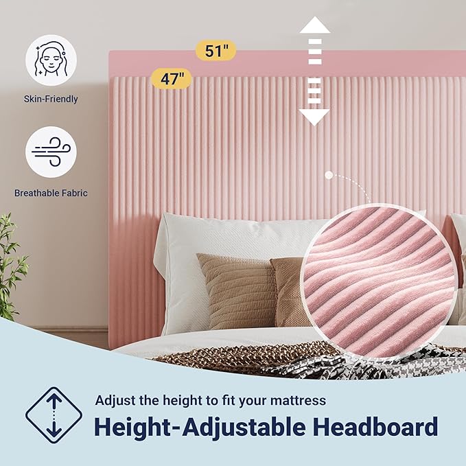 Allewie Queen Size Upholstered Bed Frame with Vertical Channel Tufted Headboard, Soft Corduroy Fabric Platform Bed, Strong Wooden Slats Support, Easy Assembly, No Box Spring Needed, Light Pink