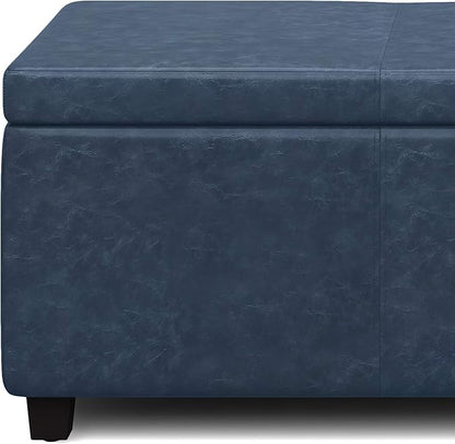 SIMPLIHOME Avalon Storage Ottoman Bench - 48 inch Wide Upholstered Vegan Leather Rectangular Lift-Top Ottoman in Denim Blue, Contemporary Storage Bench for Living Room with High-Density Foam
