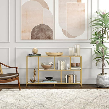 Henn&Hart 52" Wide Rectangular Console Table with Glass Shelves in Brass, Entryway Table, Accent Table for Living Room, Hallway