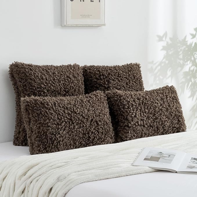 FUTEI Chocolate Decorative Throw Pillow Covers 26x26 Inch Set of 2,Soft Fluffy Faux Wool Fur Boucle Textured Euro Pillow Shams,Modern Home Decor for Couch Bed Living Room Office