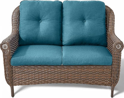 Patio Loveseat Outdoor Wicker Sofa - Heavy Duty All-Weather Brown Rattan 2-Person Sofas with High Back and Comfortable Thick Cushions for Garden Back Porch Poolside Apartment - Peacock Blue