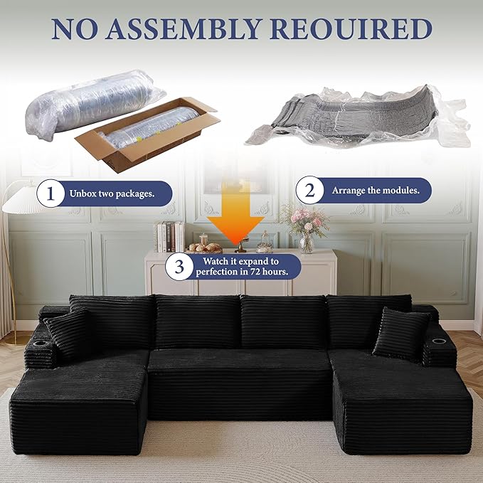 134''Oversized Modular Sectional Sofa Boneless Cloud Couch with Chaise Comfy Sectional Couches for Living Room,Bedroom,Apartment (Black, 134''W U-Shaped)