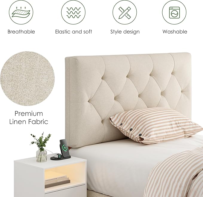 Upholstered Twin Headboard, Twin Headboard Only for Bed Frame from 27”-41”, Adjustable Height Twin XL Headboard with Durable Solid Wood Legs, Fabric Bed Headboard in Modern Button Design, Beige
