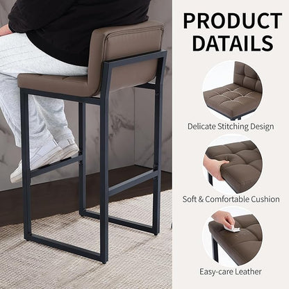 Bar Stools Set of 3, Upholstered PU Leather Counter Height Barstools with Low Back and Thickened Metal Legs, Modern Chairs for Kitchen Island, Bar, Counter (Coffee Brown, 3Pcs 26" Bar Stools)