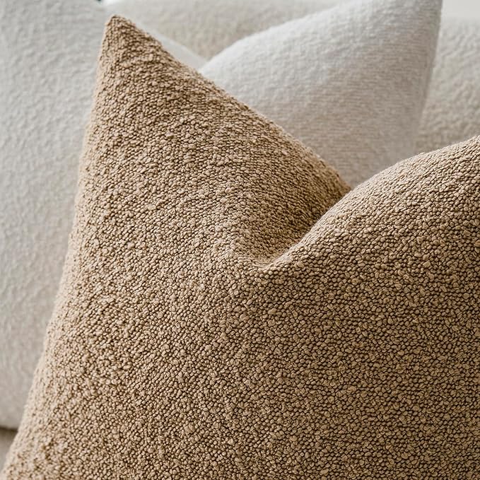 Foindtower Pack of 2 Textured Boucle Throw Pillow Covers Accent Solid Pillow Cases Cozy Soft Decorative Couch Cushion Case for Chair Sofa Bedroom Living Room Home Decor, 20 x 20 Inch,Taupe Khaki Camel