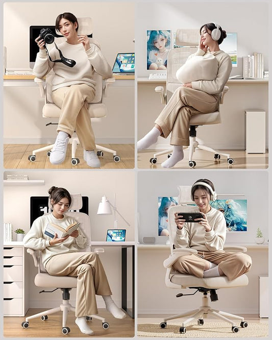 Hbada P1 Ergonomic Office Chair with 2D Lumbar Support & Adjustable Headrest - Heavy Duty 300lbs Capacity, 102° Reclining, Foldable Arms, Thick Cushion - Perfect for Home Office Chair, White