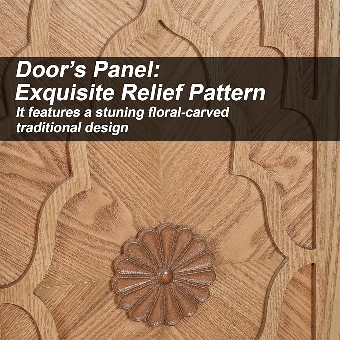 Sideboard Buffet 63" Credenzas for Living Room, Entryway Table with Storage Cabinet Natural Wood Color, Carved Flowers Doors & Cable Holes