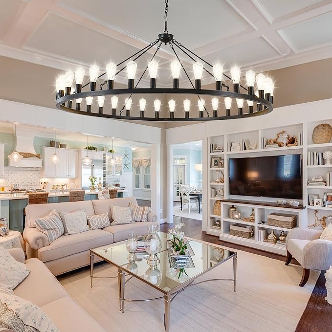 Large black wagon wheel chandelier 64 inch,30-Light Farmhouse wagon Wheel Chandeliers Round Industrial ceiling light fixtures for outdoor porch high ceilings Living Dining Room Foyer Entryway
