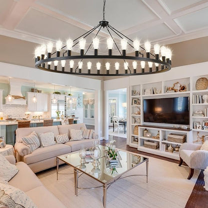 Large black wagon wheel chandelier 64 inch,30-Light Farmhouse wagon Wheel Chandeliers Round Industrial ceiling light fixtures for outdoor porch high ceilings Living Dining Room Foyer Entryway