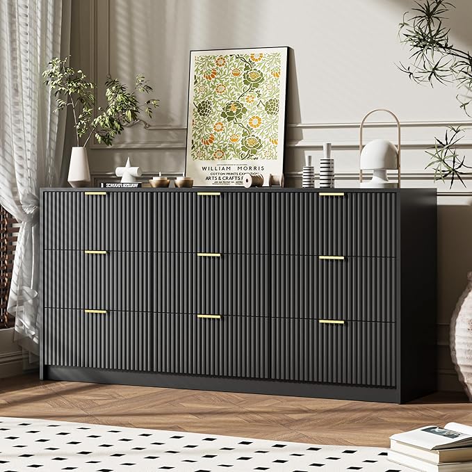 Black 9 Drawer Dresser for Bedroom, Modern Fluted Dresser with Gold Metal Handles, Wide Chest of Drawers for Bedroom, Living Room, Entryway, Hallway, 63" L x 15.7" D x 31.4" H