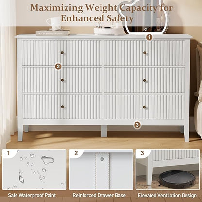 RoyalCraft White 6 Drawer Dresser for Bedroom, Fluted Painted Wood Chest of Drawers, Modern TV Stand Storage Cabinet for Living Room, Entryway, 47" W x 16" D x 32" H