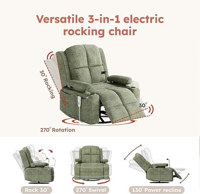 MAMAZING Triple Motor Power Swivel Rocker Recliner Chair with Adjustable Armrests for Adults, FSC Certified Faux Leather Rocking Chair Nursery for Breastfeeding, Green