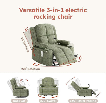 MAMAZING Triple Motor Power Swivel Rocker Recliner Chair with Adjustable Armrests for Adults, FSC Certified Faux Leather Rocking Chair Nursery for Breastfeeding, Green