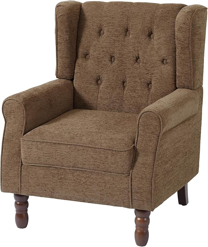 UIXE High Back Accent Chairs Set of 2, Fabric Upholstered Armchair Retro Wingback Arm Chair for Living Room, Comfy Single Sofa Bedroom Retro Reading Seat with Solid Wood Legs - Brown