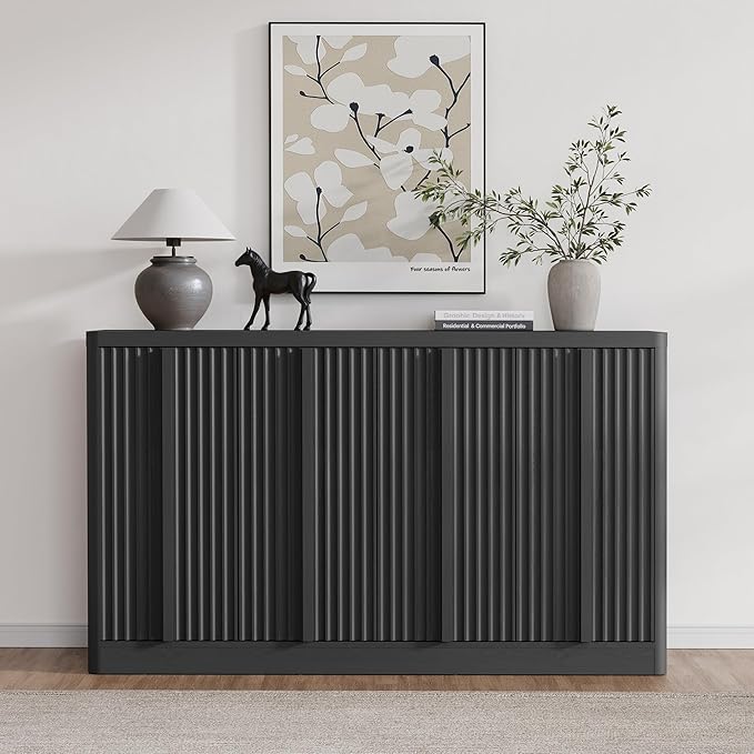 Fluted Buffet Cabinet with Storage, 60" Sideboard Buffet Cabinet with 4 Door, Modern Credenza Storage Cabinets with Adjustable Shelves, Solid Wood Handles for Kitchen, Dining, Living Room, Black(1PC)