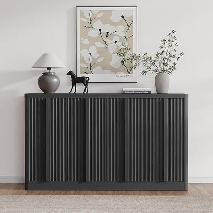 Buffet Cabinet with Storage, 60" Sideboard Buffet Cabinet with 4 Door, Modern Credenza Storage Cabinets with Adjustable Shelves, Solid Wood Handles for Kitchen, Dining, Living Room, Black