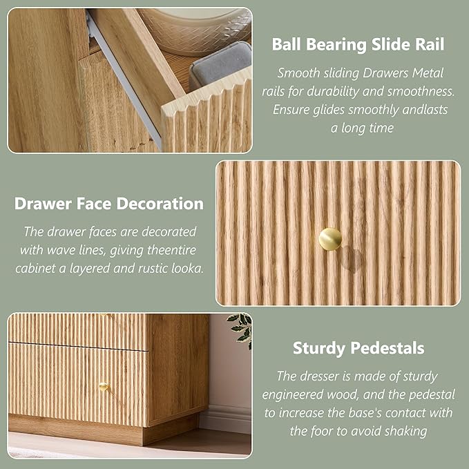 Fluted Dresser for Bedroom, 55" W 9 Drawer Dressers, Wood Tall Dresser Storage Organizer, Modern Bedroom Chest of Drawers with Deep Storage for Closet Hallway, Entryway, Living Room Natural