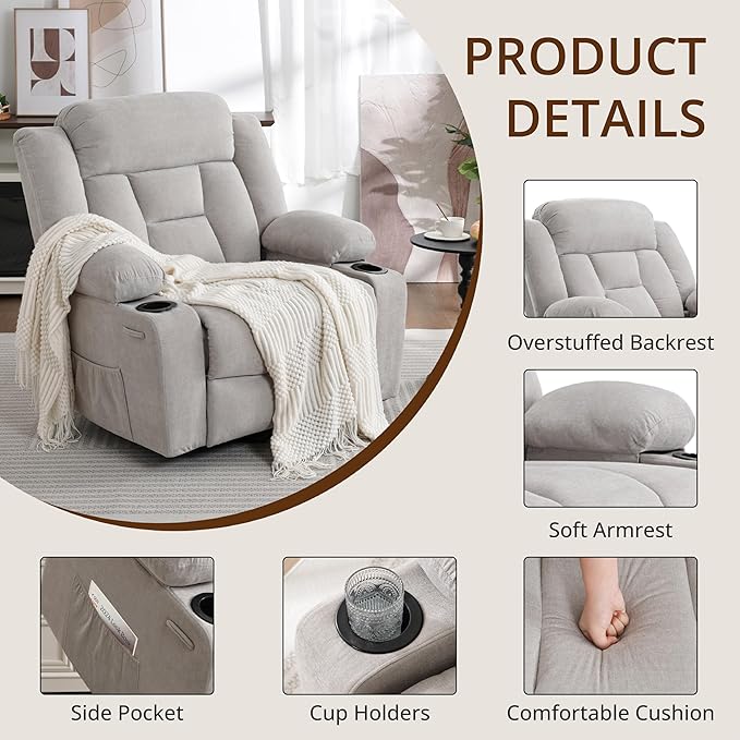 Dual Motor Power Lift Recliner for Elderly, Large Electric Lift Recliner with Massage and Heat, Cup Holders, Side Pocket, Fabric(Light Grey)