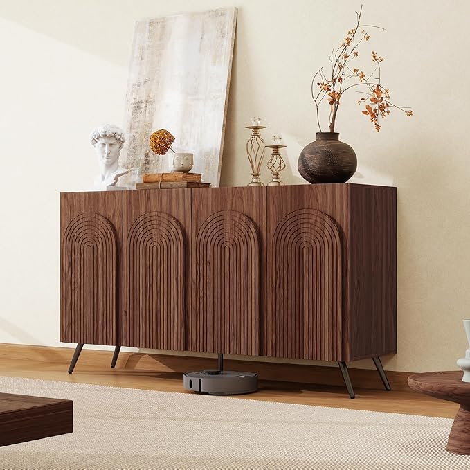 59" Sideboard Buffet Cabinet with Adjustable Shelves, Modern Storage Cabinet with Arched 3D Carved Wood Doors, Credenza Accent Cabinet for Living Room, Dining Room, Entryway,Walnut