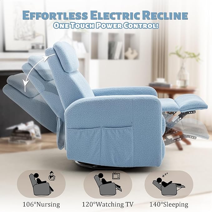 Power Swivel Recliner Chairs for Adults, Electric Glider Rocking Chair Nursery, Glider Recliner Nursery Chair with Classified Side Pocket, Nursery Rocking Chairs with USB and Type-C Ports