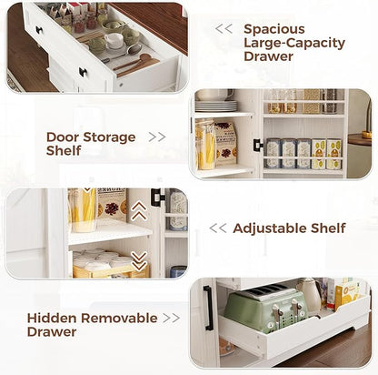 IRONCK 56” Farmhouse Sideboard Buffet Cabinet with 4 Doors and 1 Drawer, Buffet Table with Hidden Removable Drawers, 4 Adjustable Shelves, Dining Room Storage Cabinet for Kitchen or Living Room, White