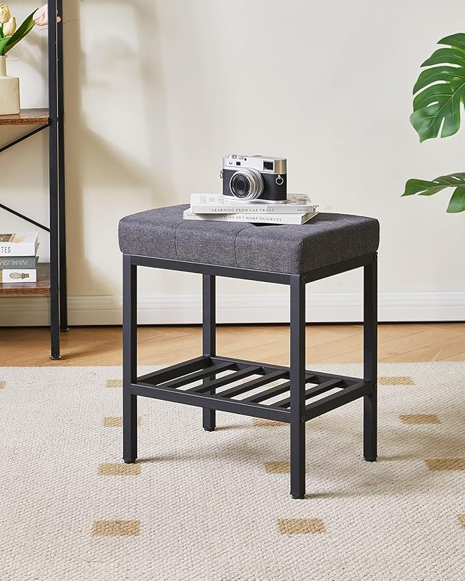 IBUYKE Rectangular Makeup Stool with Adjustable Feet and Storage Space, Footrest Chair, Linen Seat Vanity Stool, Multi-Use as Small Side Table or Ottoman, for Bedroom, Dark Gray WBD017G