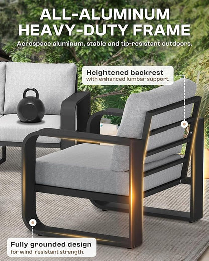 Aluminum Outdoor Patio Furniture Set 4 Piece, Oversized Patio Conversation Sets Widened Armrest & Ultra-Thick Cushions, Deep Seating Modern Sectional Furniture for Backyard, Deck, Gray