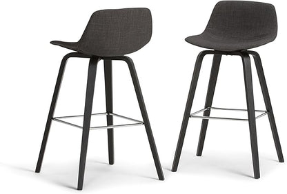 SIMPLIHOME Randolph Counter Stools (Set of 2) - 28 Inch Seat Height Upholstered Bentwood Kitchen Seats in Charcoal Grey Black Linen Look Fabric, Mid Century Seating with Curved Backrest and Footrest
