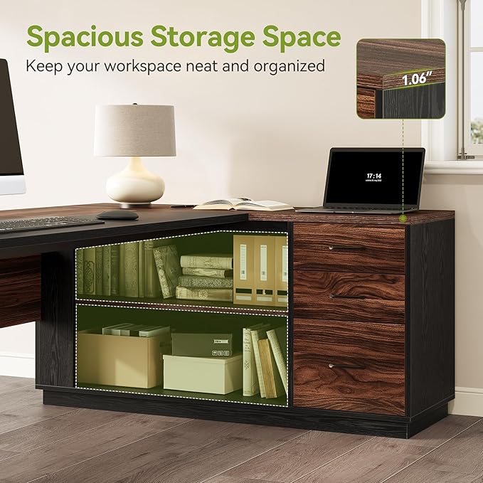LITTLE TREE 78.7 Inches Modern Executive Desk with File Cabinet, Extra Large L Shaped Home Office Desk with Drawers, Professional Spacious Workstation for Home Office (Brown & Black)