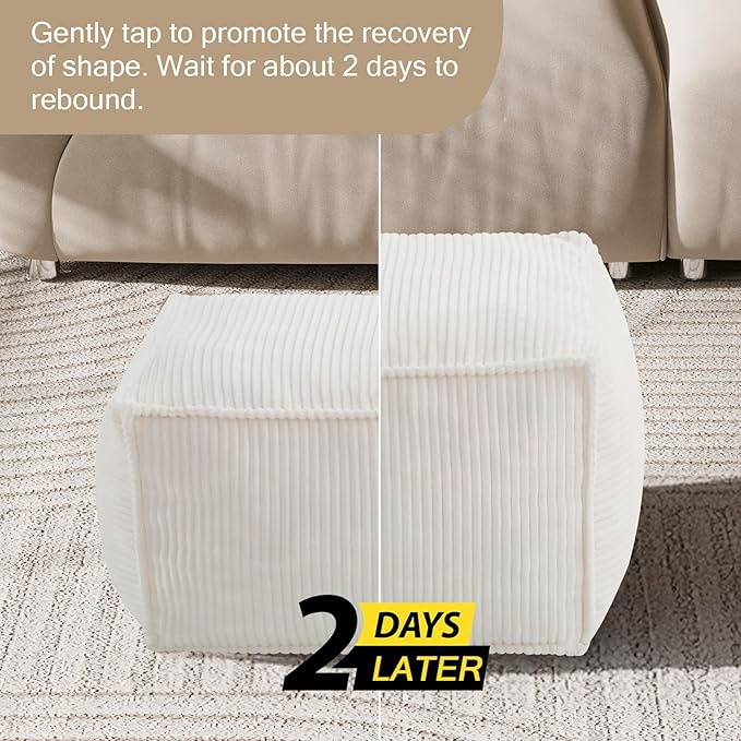 MeMoreCool Square Stuffed Pouf Ottoman Foot Rest, Corduroy Floor Pouf Foot Stool with Foam Chunk Filling, Soft Stuffed Ottoman Footrest for Living Room, Beige